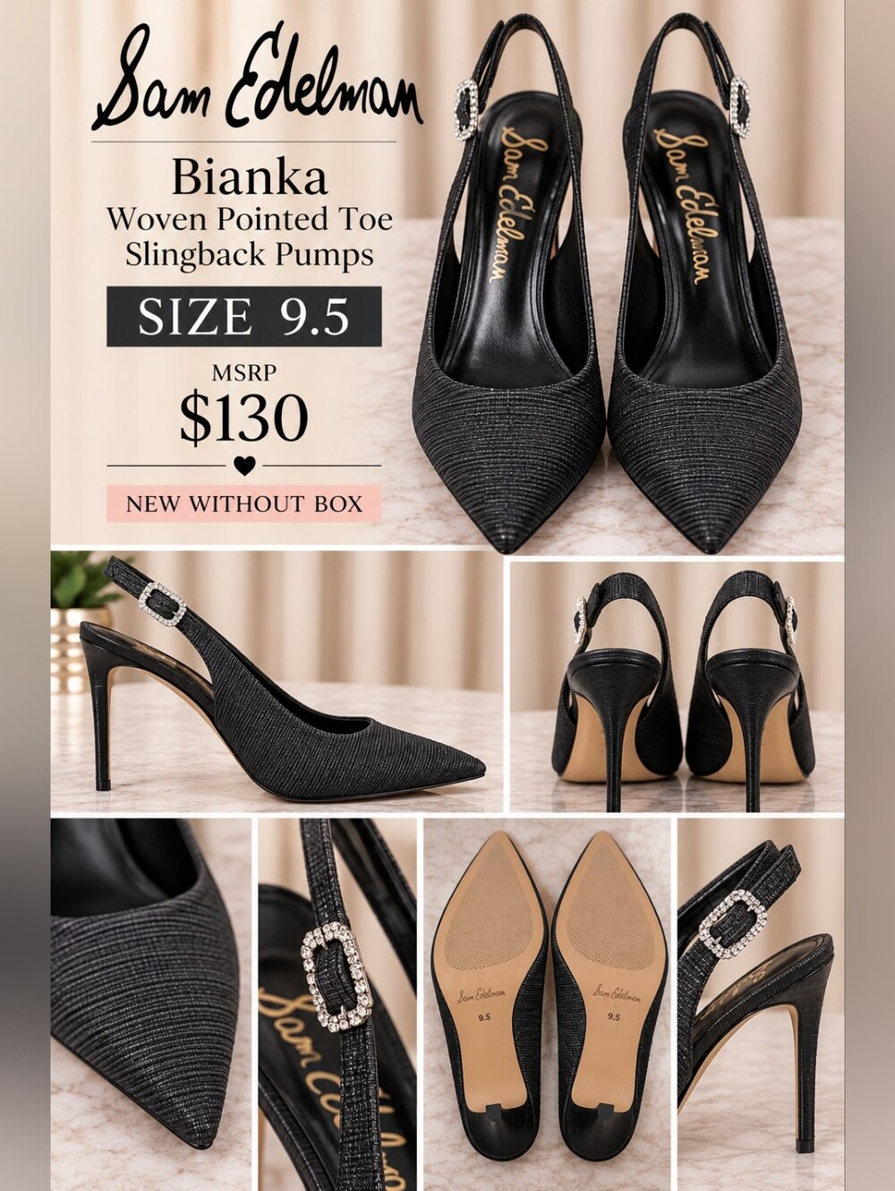 Sam Edelman Black Woven Pointed Toe Slingback Pumps